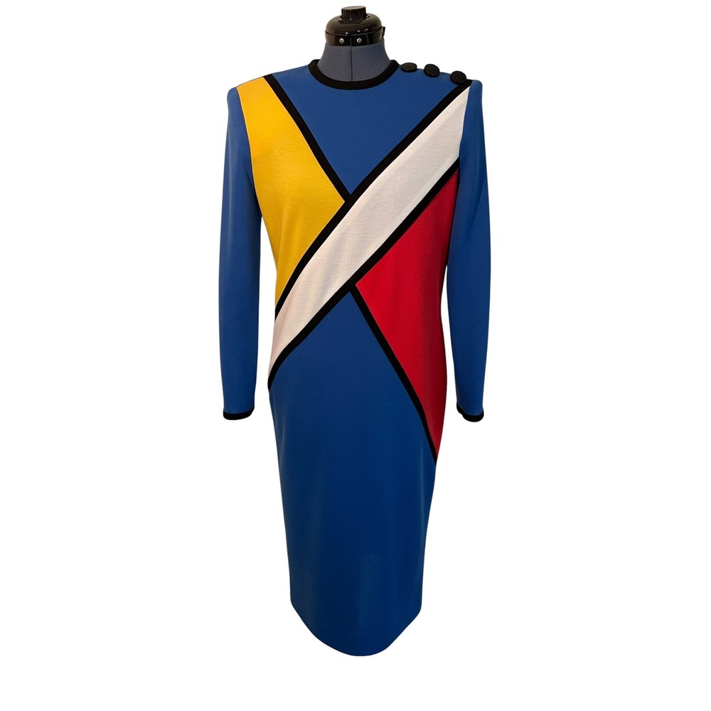 Vtg Color Block Mondrian Style Art Deco Sheath Dress Blue Red Yellow‎ 80s Chic 6
